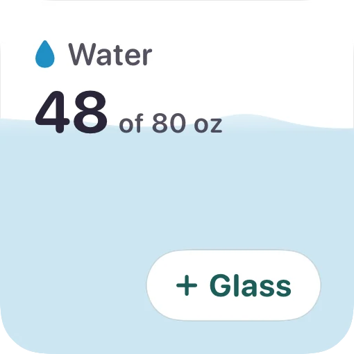 The water widget: 48 of 80 oz, with a button to add a glass.