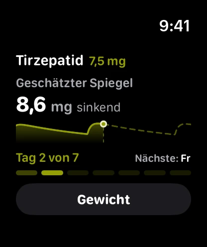 Sato auf der Apple Watch: die Dosis, der geschätzte Spiegel, Tag 2 von 7 und ein Knopf zum Eintragen des Gewichts.