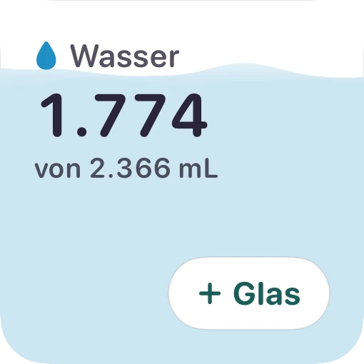 Das Wasser-Widget: wie viel du heute getrunken hast, im Vergleich zum Tagesziel, und ein Knopf für ein Glas mehr.