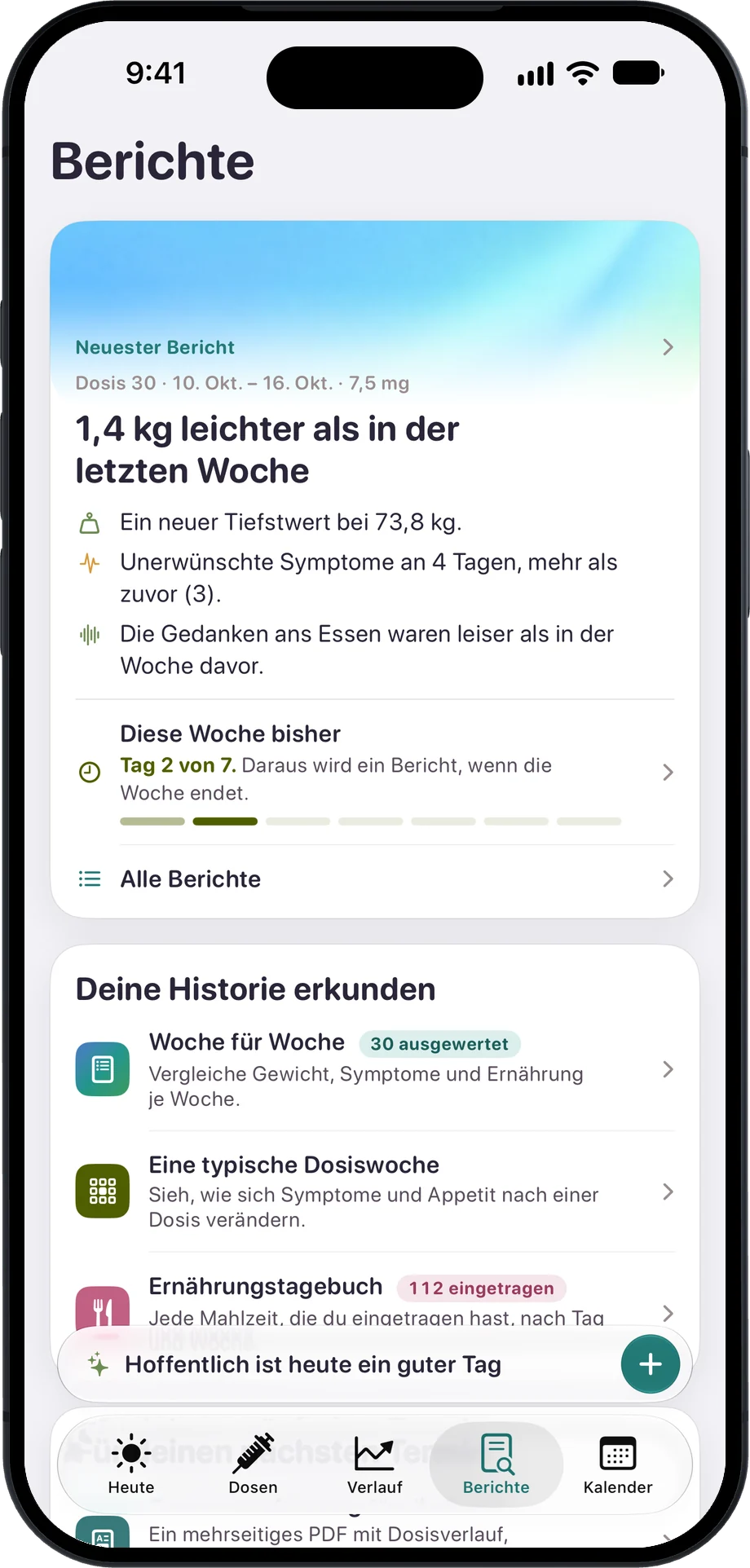 Der Berichte-Bildschirm: der neueste Wochenbericht und der Weg zu Woche für Woche, einer typischen Dosiswoche und dem Ernährungstagebuch.