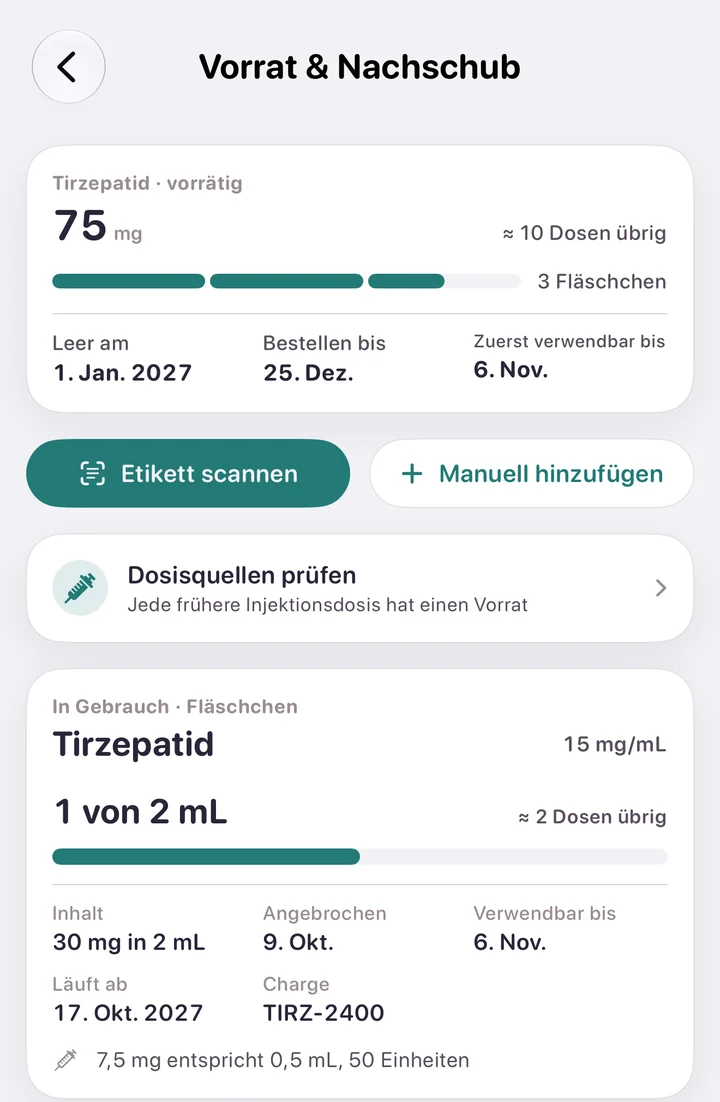 Vorrat und Nachschub: wie viel noch da ist, für etwa wie viele Dosen, wann er leer ist und bis wann du bestellen solltest, dazu das Fläschchen in Gebrauch.