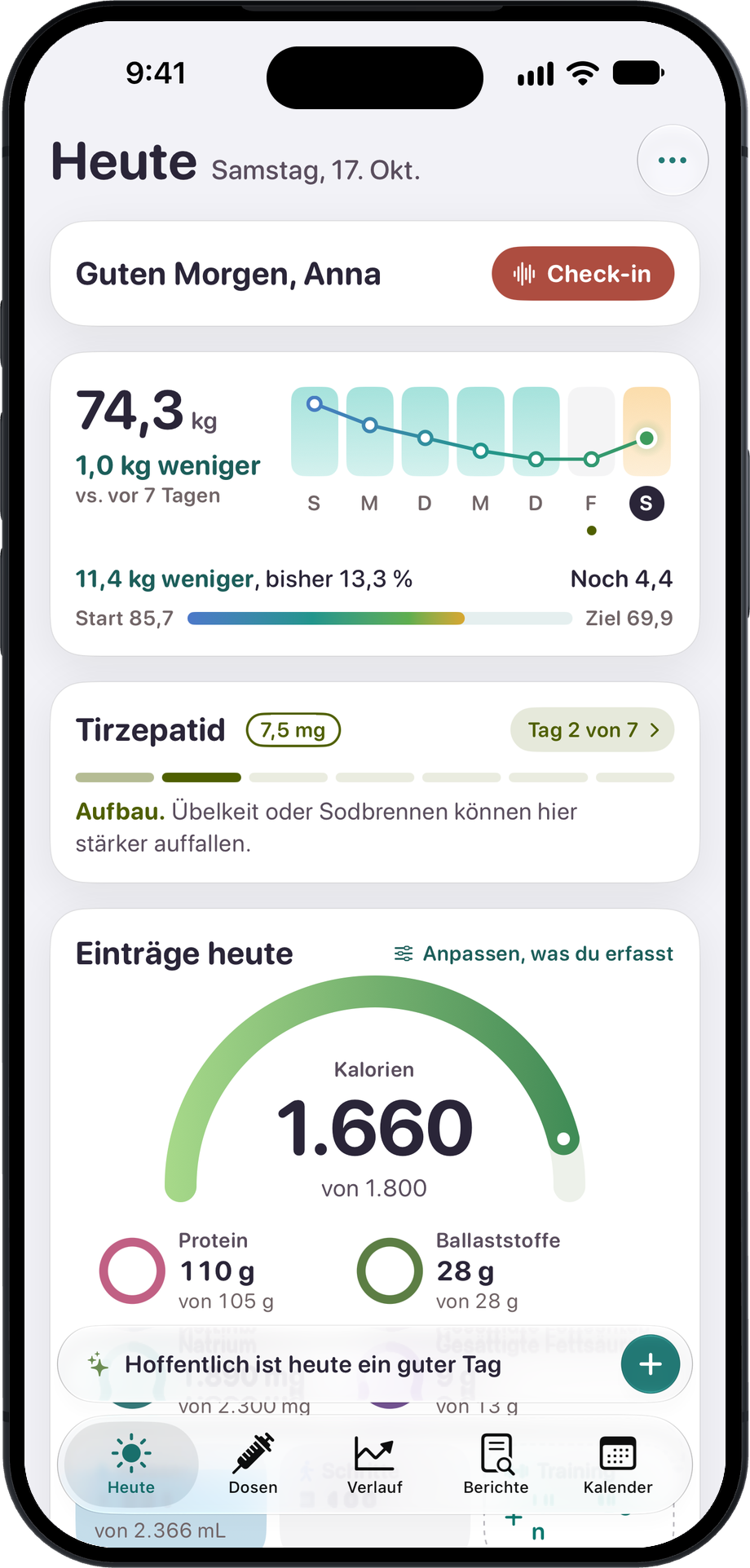 Der Heute-Bildschirm: ein Check-in, das Wiegen der Woche, Tag 2 der Dosiswoche und die Kalorien von heute.