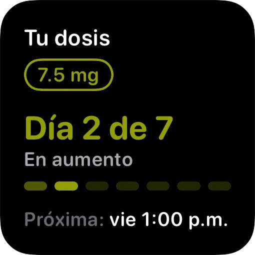 El widget de dosis en modo oscuro: 7.5 mg en aumento, en el día 2 de 7, y la hora de la próxima dosis.