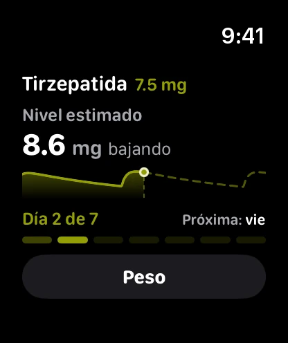 Sato en el Apple Watch: la dosis, el nivel estimado, el día 2 de 7 y un botón para registrar el peso.
