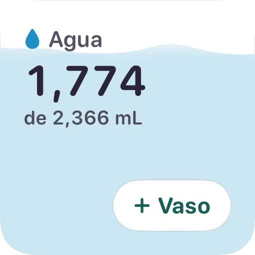 El widget de agua: lo que llevas hoy frente a la meta del día, con un botón para agregar un vaso.