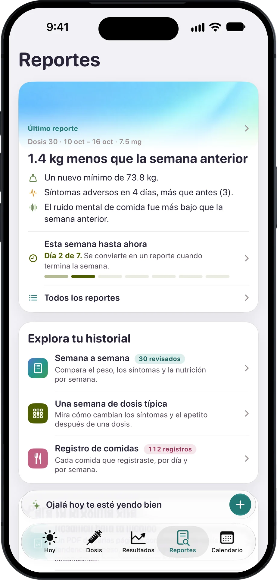 La pantalla Reportes: el último reporte semanal y las entradas a semana a semana, una semana de dosis típica y el registro de comidas.