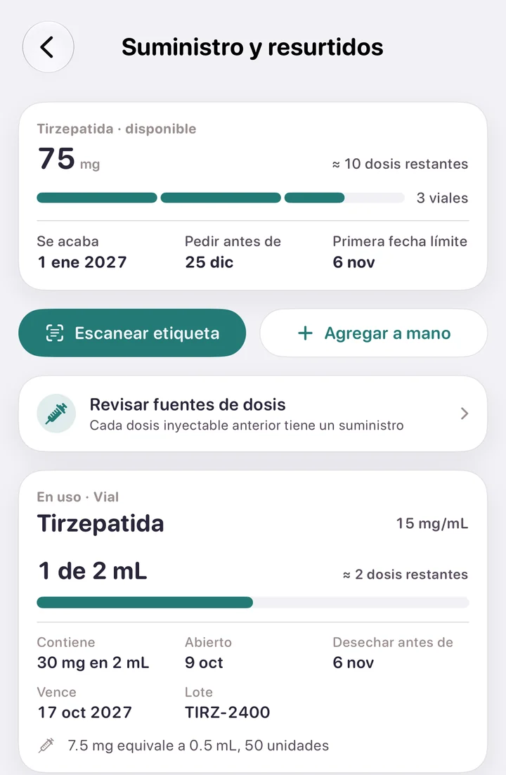 Suministro y resurtidos: cuánto tienes, para cuántas dosis te alcanza más o menos, cuándo se acaba y antes de qué fecha pedir, y el vial en uso.