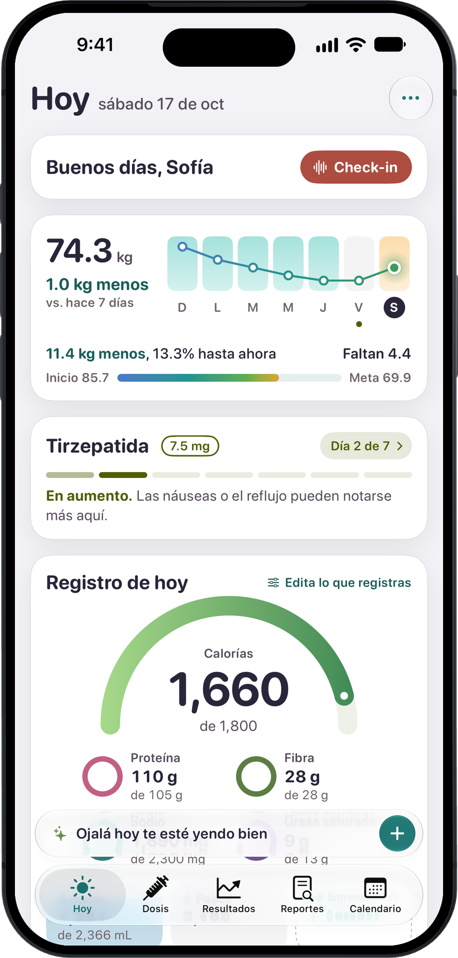 La pantalla Hoy: un check-in, los pesajes de la semana, el día 2 de la semana de dosis y las calorías de hoy.