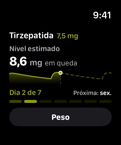 O Sato no Apple Watch: a dose, o nível estimado, o dia 2 de 7 e um botão para registrar o peso.