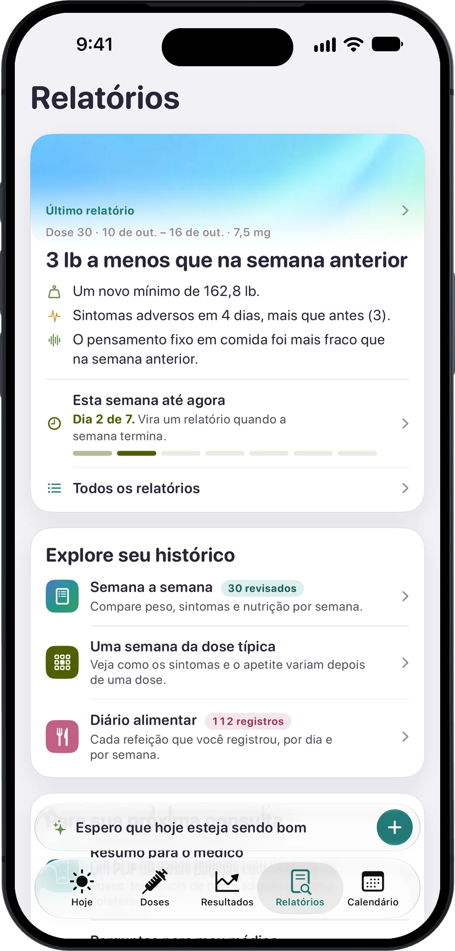 A tela Relatórios: o último relatório semanal e os caminhos para semana a semana, uma semana da dose típica e o diário alimentar.