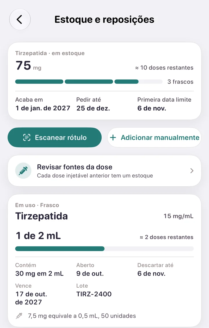 Estoque e reposições: quanto você tem, para cerca de quantas doses dá, quando acaba e até quando pedir, e o frasco em uso.