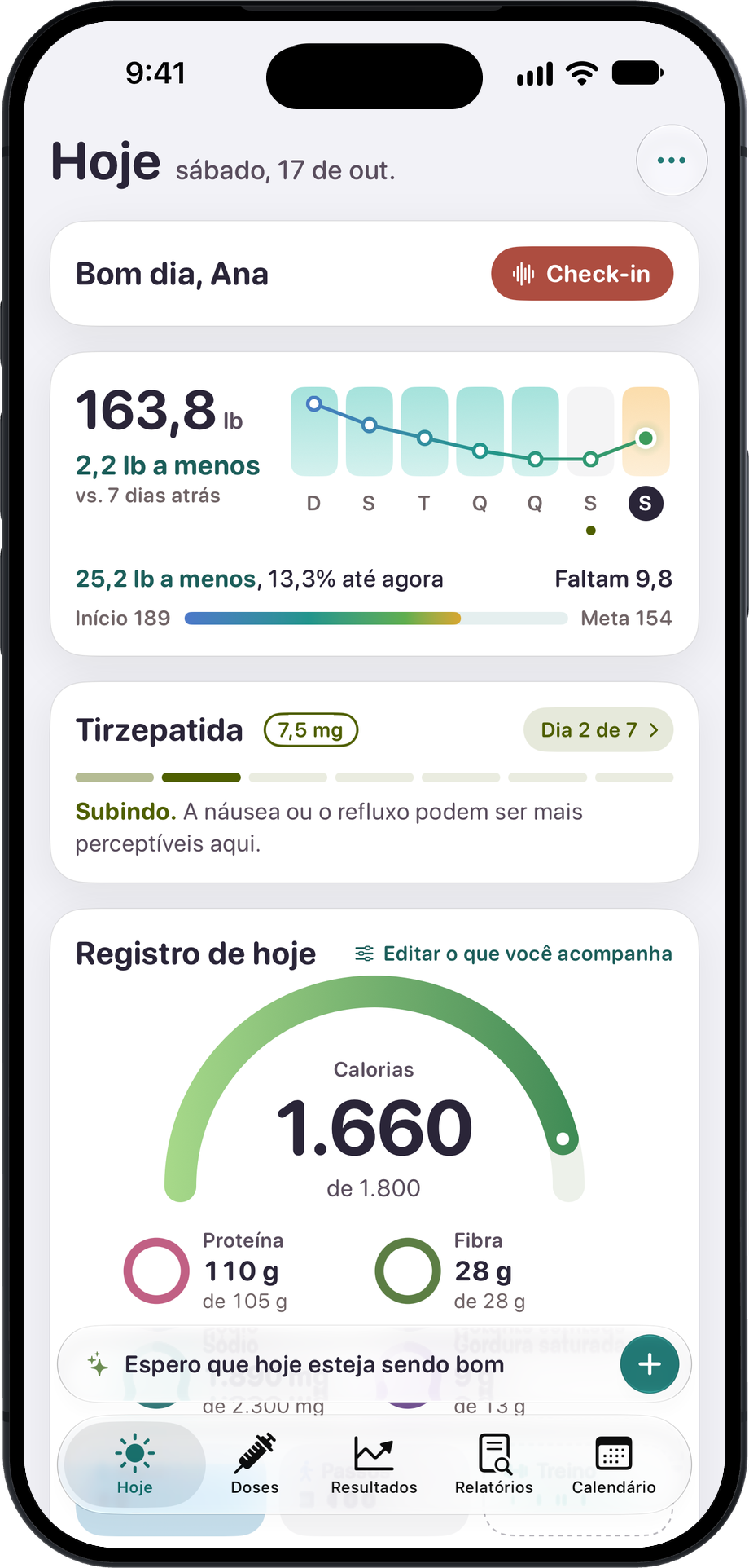 A tela Hoje: um check-in, as pesagens da semana, o dia 2 da semana da dose e as calorias de hoje.