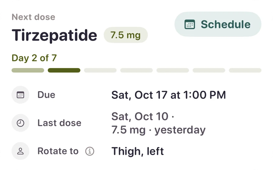 Next dose: Tirzepatide 7.5 mg on day 2 of 7, due Sat, Oct 17 at 1:00 PM, last dose Sat, Oct 10, rotate to the left thigh.